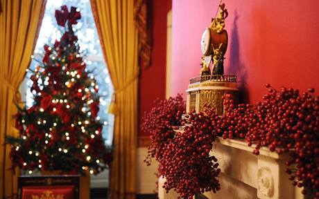 Vánoce v Bílém domě. Vánoční stromek a větvičky cesmíny